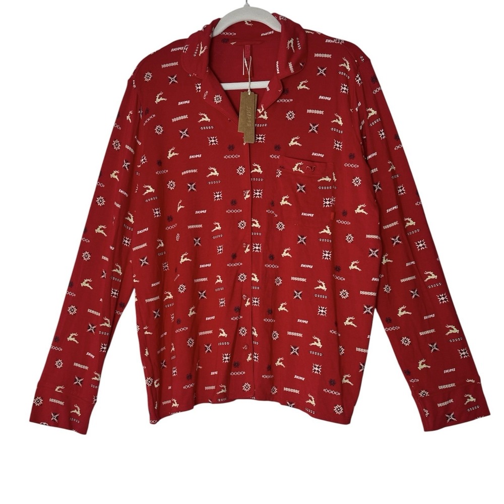 New Skims Long Sleeve Sleep Top Women's Medium Cranberry Vintage Deer Print